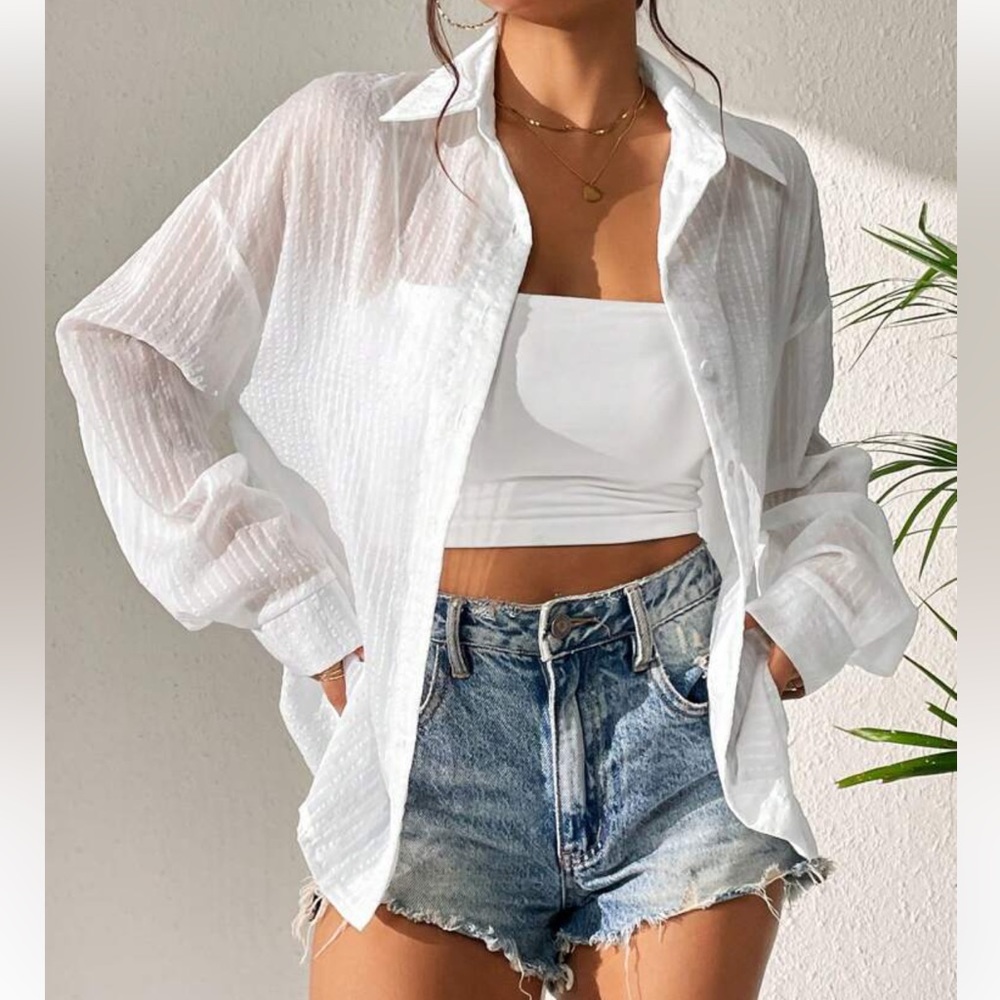 NEW! NEVER WORN!! White striped long sleeve women’s button up shirt